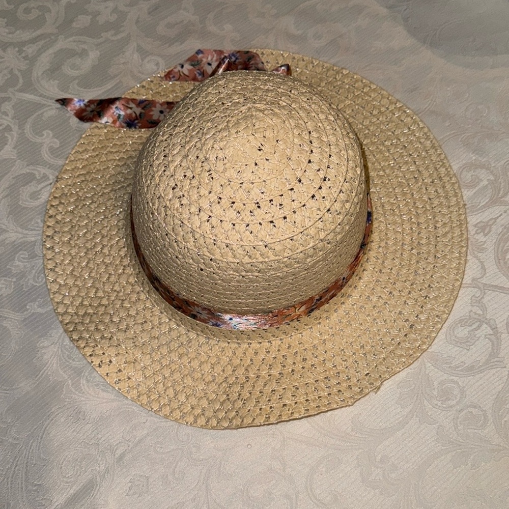 Sun hat beige with pink and floral ribbon